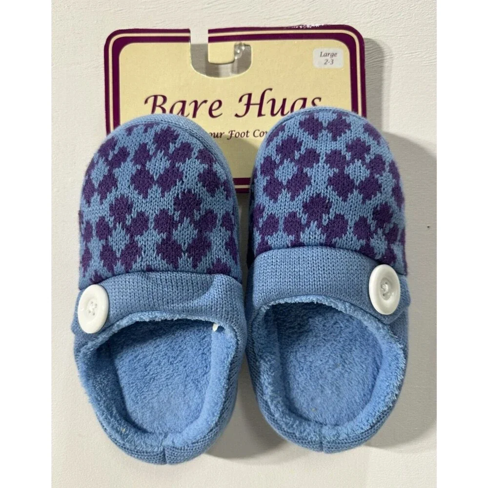 Bare Hugs Unisex size large 2-3 slip on blue and purple textile slippers